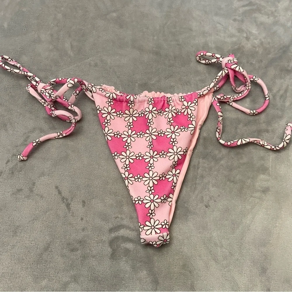New! Frankie’s bikinis Tia Terry String Bikini Bottom Pink Daisy 24070